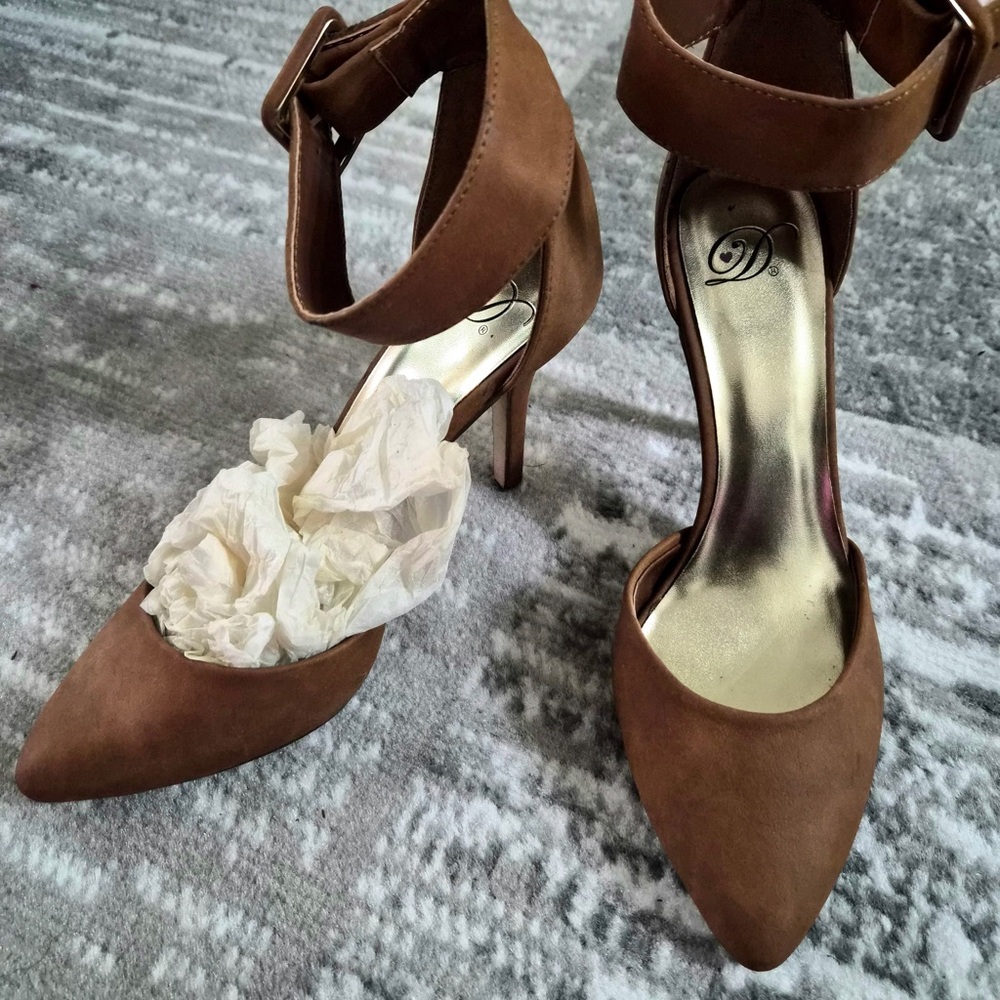 Brown Suede Ankle-Strap Pointed-Toe Heels, Like New!